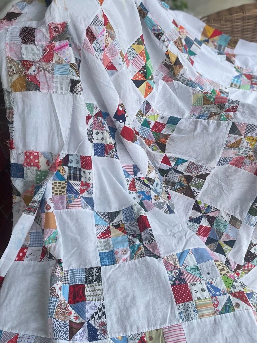 Handmade Hand stitched  White Patchwork Quilt with Multicolored Squares.
